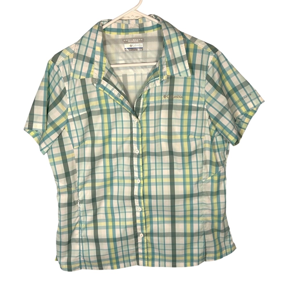 Columbia Omni-Shade Plaid Short Sleeve Hiking Shirt Womens XL Teal Green Yellow